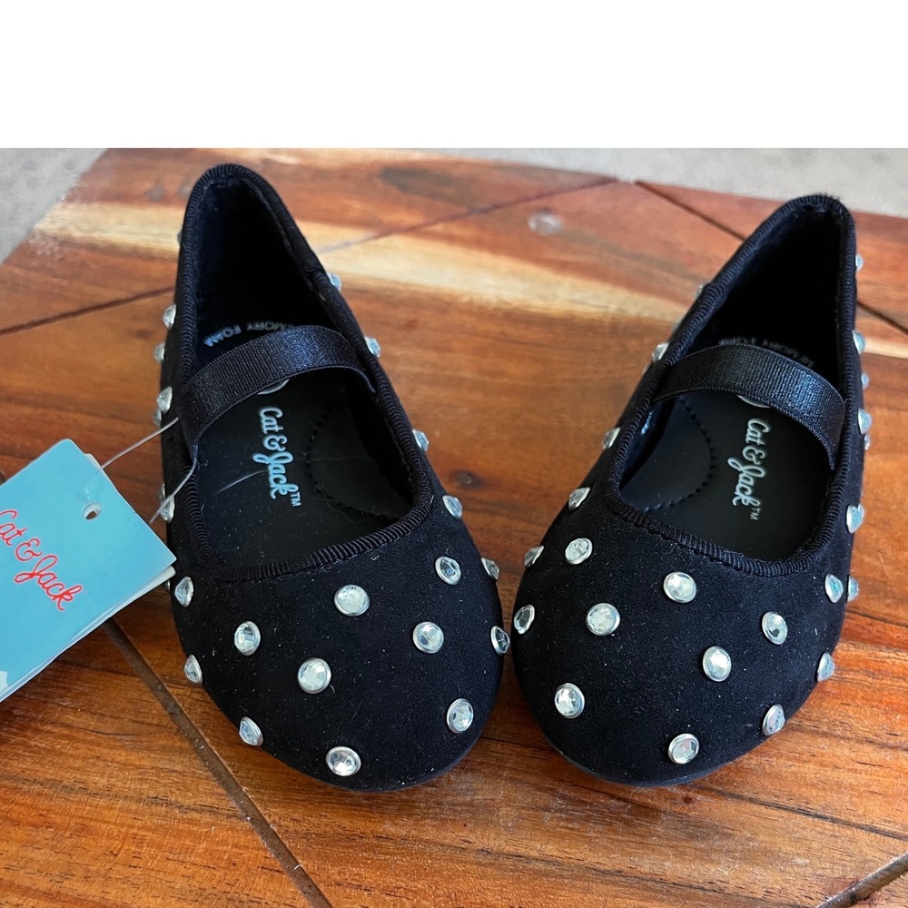 Cat & Jack Trina Toddler Girls Black Rhinestone Ballet Flats Size 5 NWT